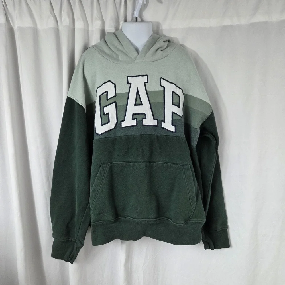 Gap Hoodie Kids XL 12-13 Green Colorblock GAP Logo Fleece Pullover Sweatshirt